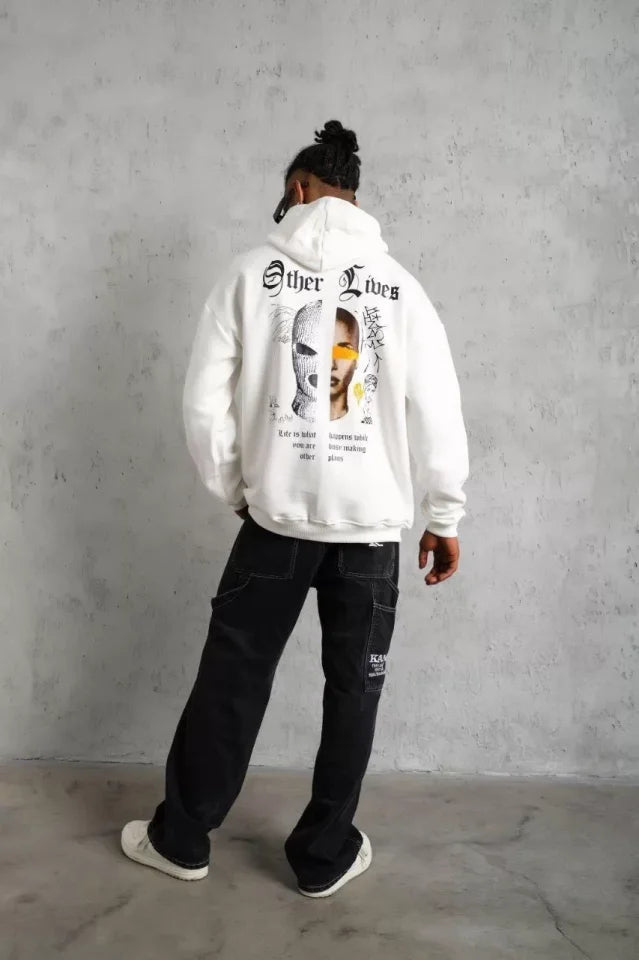 Erkek Sırt Baskılı Oversize Üç İplik Kapüşonlu Sweatshirt - Beyaz (92846)