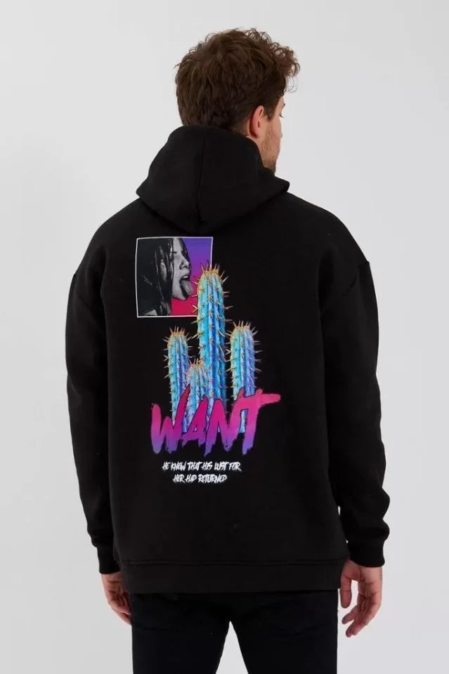 Erkek Baskılı Üç İplik Kapüşonlu Oversize Sweatshirt - Siyah (92848)