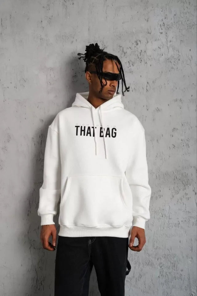 Erkek Kanguru Cep Baskılı Kapüşonlu Sweatshirt - Beyaz (92995)