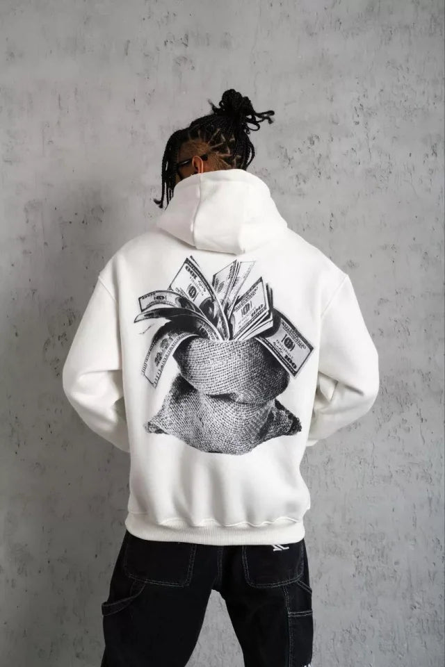 Erkek Kanguru Cep Baskılı Kapüşonlu Sweatshirt - Beyaz (92995)