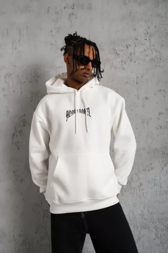 Erkek Kordon İpli Baskılı Kapüşonlu Sweatshirt - Beyaz (93002)