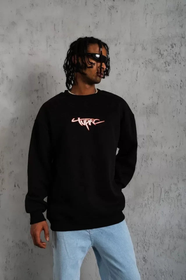 Erkek 3 İplik Gangster Baskılı Sweatshirt - Siyah (93007)