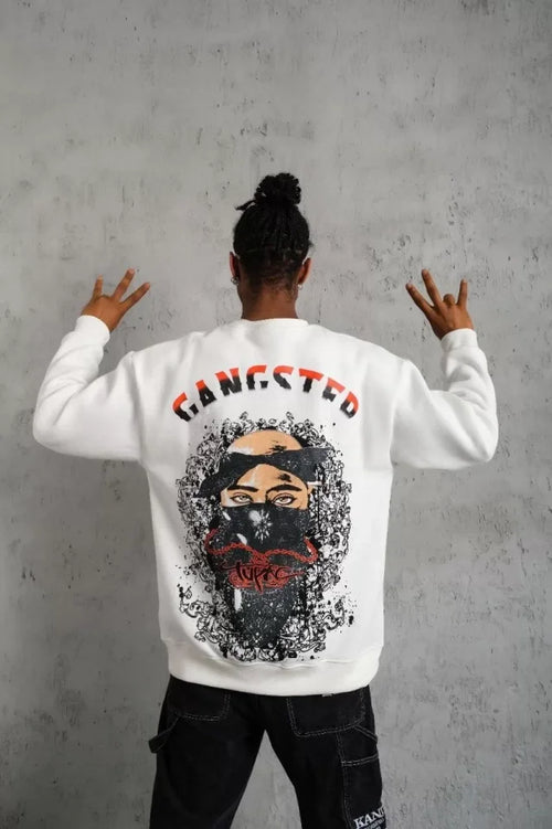 Erkek 3 İplik Gangster Baskılı Sweatshirt - Beyaz (93008)