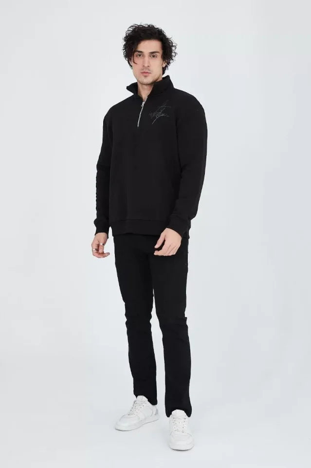 Erkek Yarım Fermuarlı Baskılı Sweat - Siyah (93123)