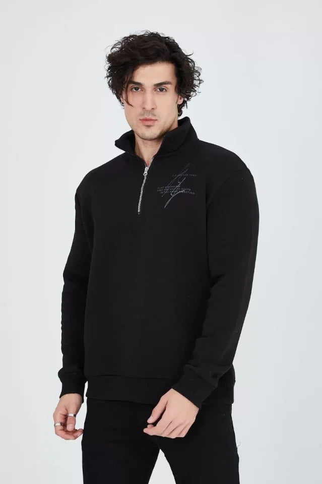 Erkek Yarım Fermuarlı Baskılı Sweat - Siyah (93123)