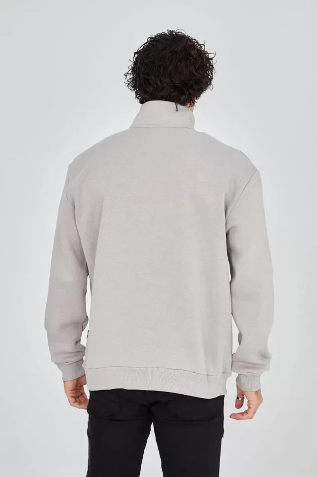 Erkek Yarım Fermuarlı Baskılı Sweat - Boyalı Gri (93124)