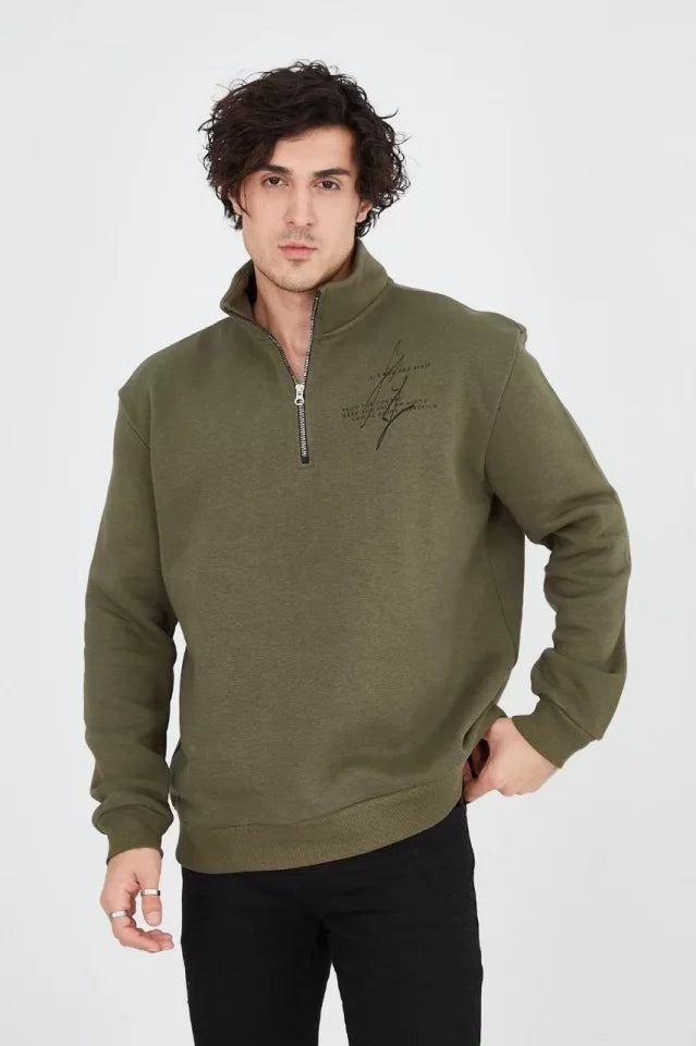Erkek Yarım Fermuarlı Baskılı Sweat - Yeşil (93125)