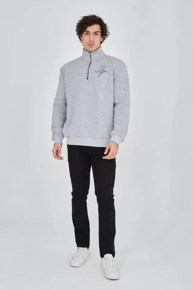 Erkek Yarım Fermuarlı Baskılı Sweat - Gri (93126)