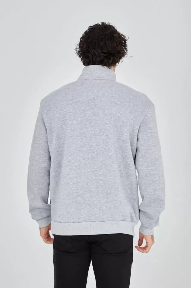 Erkek Yarım Fermuarlı Baskılı Sweat - Gri (93126)