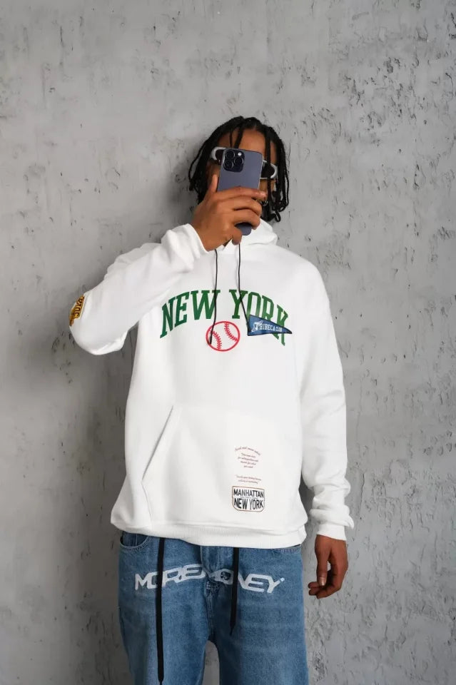 Erkek Baskılı Kapüşonlu Sweatshirt - Beyaz (93133)