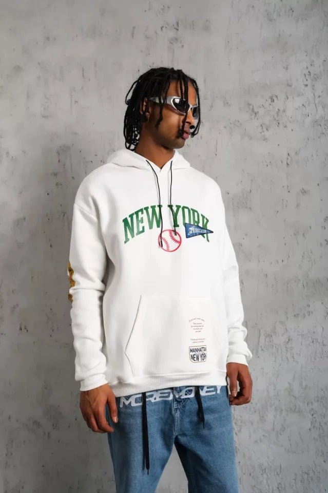 Erkek Baskılı Kapüşonlu Sweatshirt - Beyaz (93133)