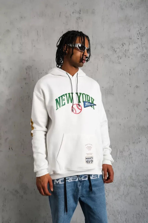Erkek Baskılı Kapüşonlu Sweatshirt - Beyaz (93133)