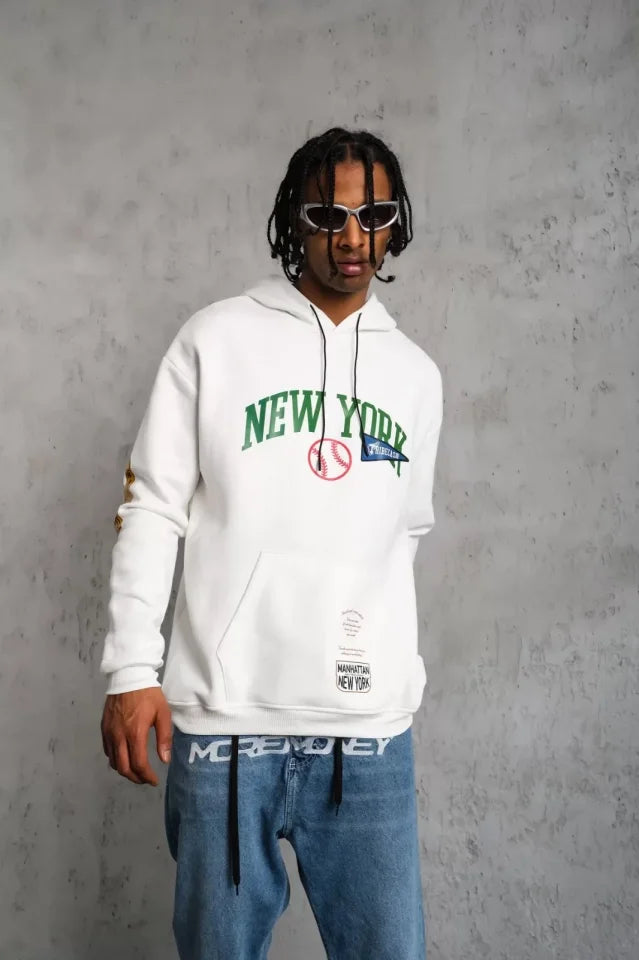 Erkek Baskılı Kapüşonlu Sweatshirt - Beyaz (93133)
