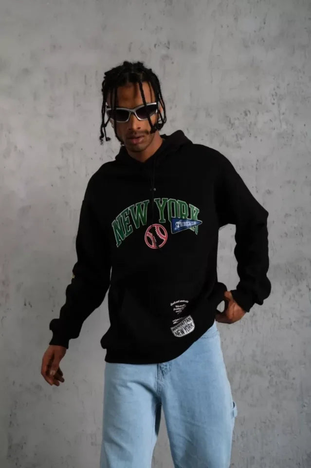 Erkek Baskılı Kapüşonlu Sweatshirt - Siyah (93134)