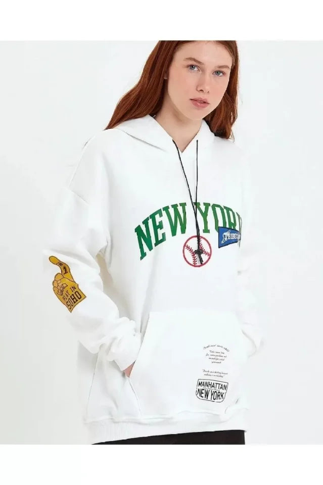 Baskılı Kapüşonlu Sweatshirt - Beyaz (93135)