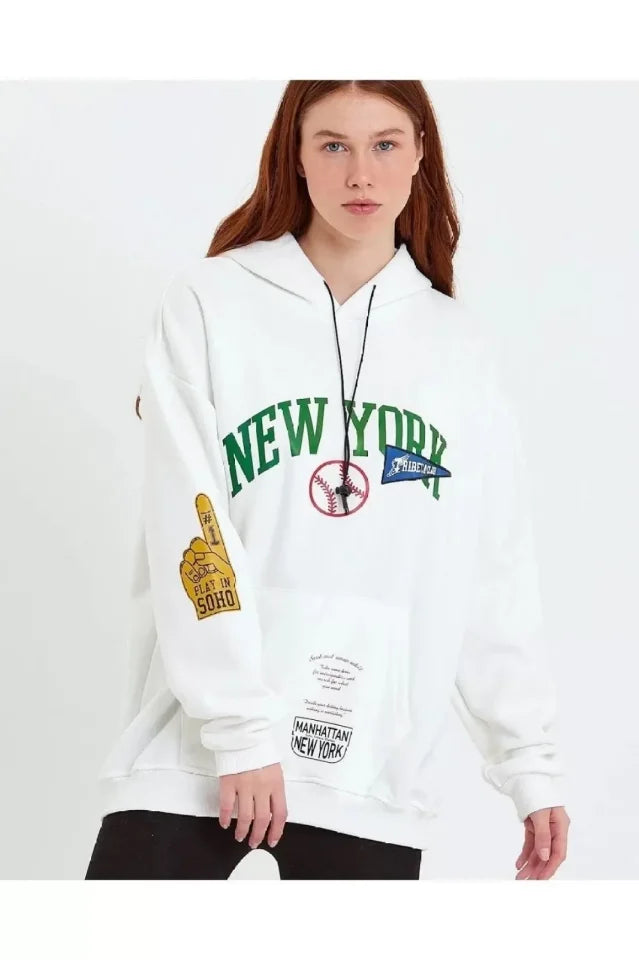 Baskılı Kapüşonlu Sweatshirt - Beyaz (93135)