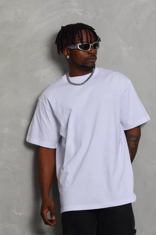 Unisex Oversize Düz Bisiklet Yaka T-Shirt - Beyaz (93178)