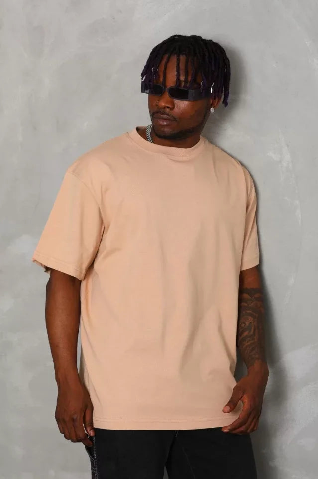 Unisex Oversize Düz Bisiklet Yaka T-Shirt - Bej (93181)