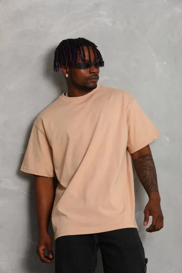 Unisex Oversize Düz Bisiklet Yaka T-Shirt - Bej (93181)