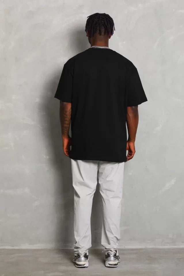 Unisex Oversize Düz Bisiklet Yaka T-Shirt - Siyah (93183)
