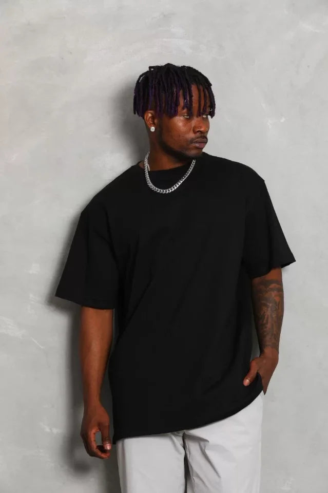 Unisex Oversize Düz Bisiklet Yaka T-Shirt - Siyah (93183)