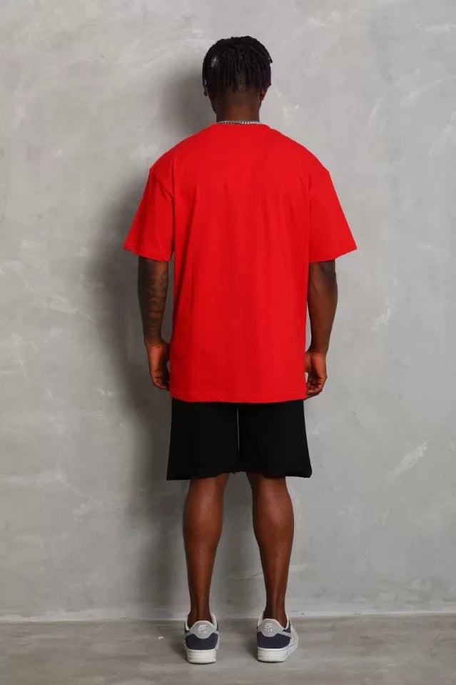 Unisex Oversize Düz Bisiklet Yaka T-Shirt - Kırmızı (93184)