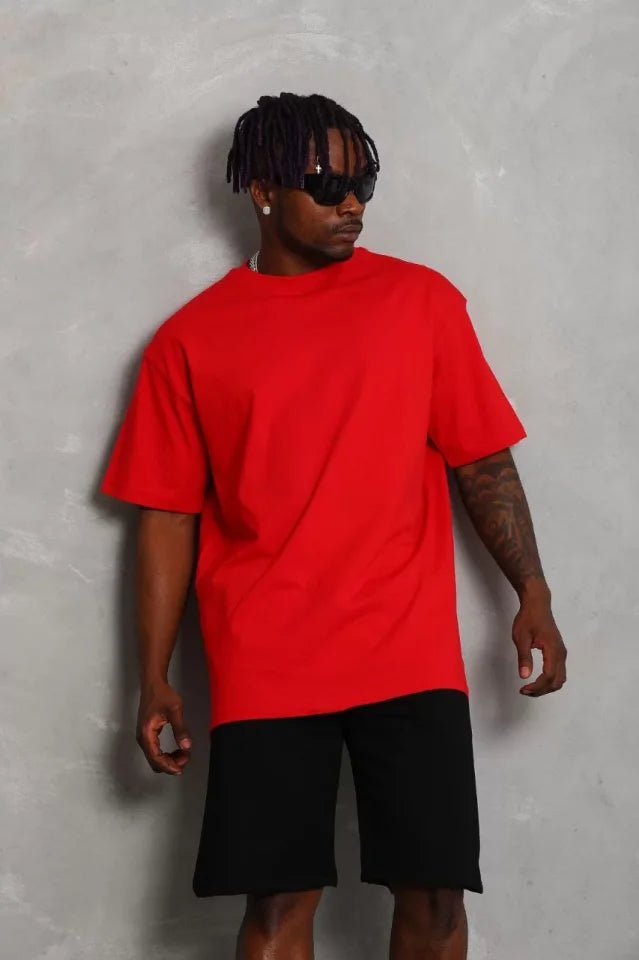 Unisex Oversize Düz Bisiklet Yaka T-Shirt - Kırmızı (93184)