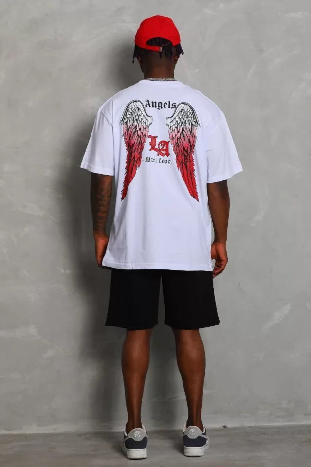 Unisex Oversize Baskılı Bisiklet Yaka T-Shirt - Beyaz (93191)