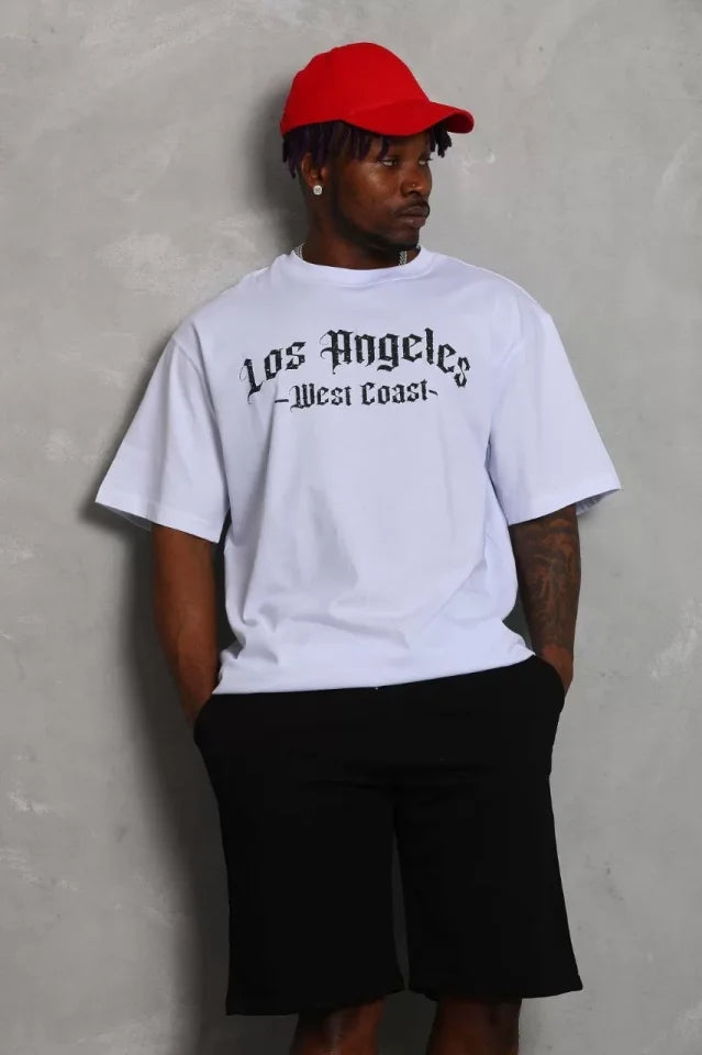 Unisex Oversize Baskılı Bisiklet Yaka T-Shirt - Beyaz (93191)