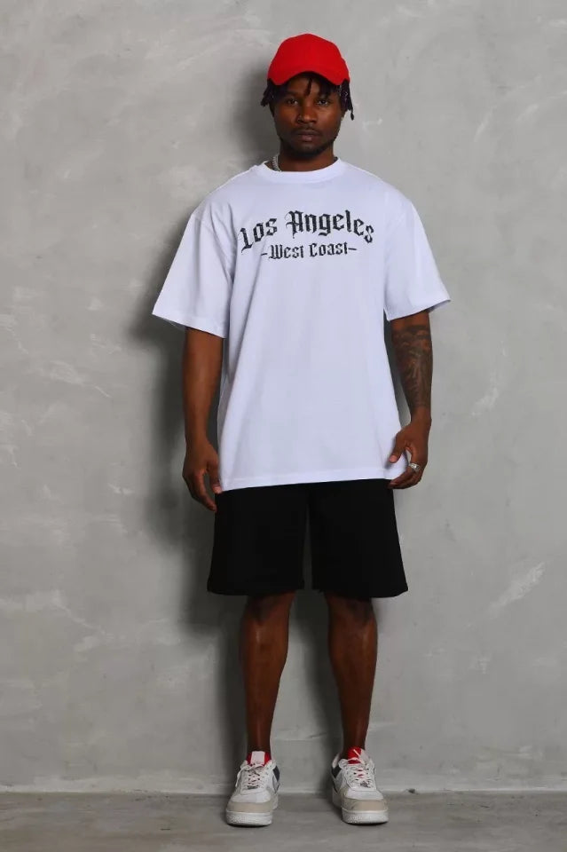 Unisex Oversize Baskılı Bisiklet Yaka T-Shirt - Beyaz (93191)