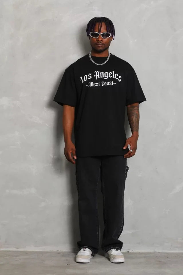Unisex Oversize Baskılı Bisiklet Yaka T-Shirt - Siyah (93192)