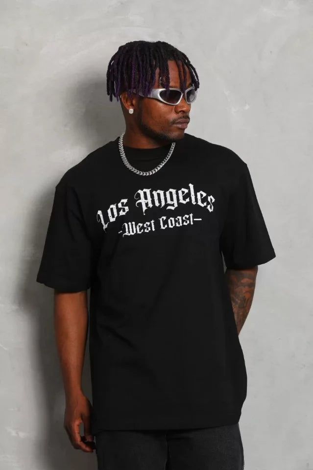 Unisex Oversize Baskılı Bisiklet Yaka T-Shirt - Siyah (93192)