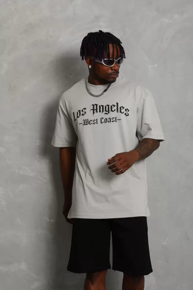 Unisex Oversize Baskılı Bisiklet Yaka T-Shirt - Gri (93193)