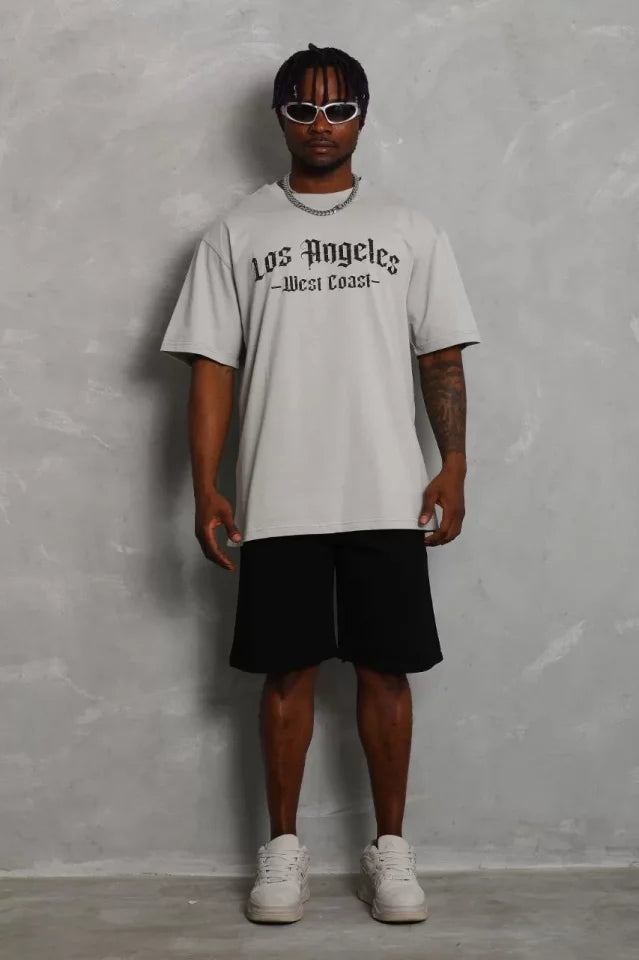 Unisex Oversize Baskılı Bisiklet Yaka T-Shirt - Gri (93193)