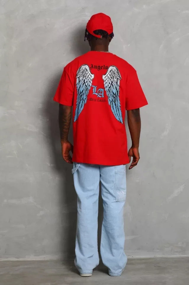 Unisex Oversize Baskılı Bisiklet Yaka T-Shirt - Kırmızı (93194)