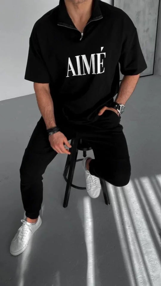 Unisex Yarım Fermuarlı Baskılı T-Shirt - Siyah (95053)