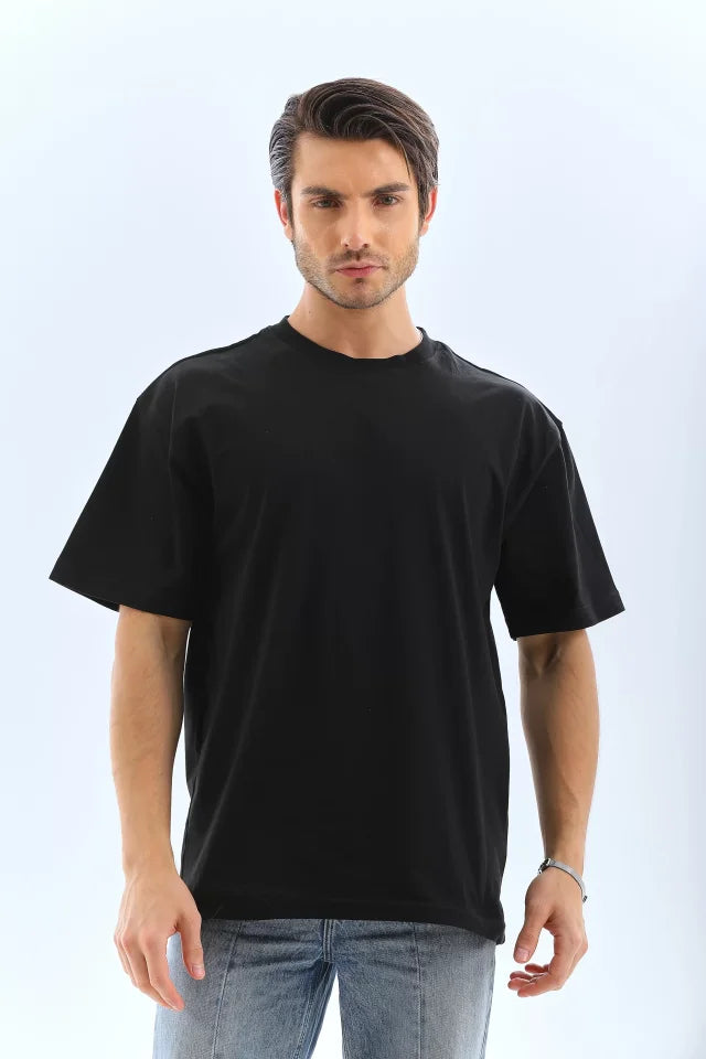 Unisex Oversize Düz Bisiklet Yaka T-Shirt - Siyah (95717)