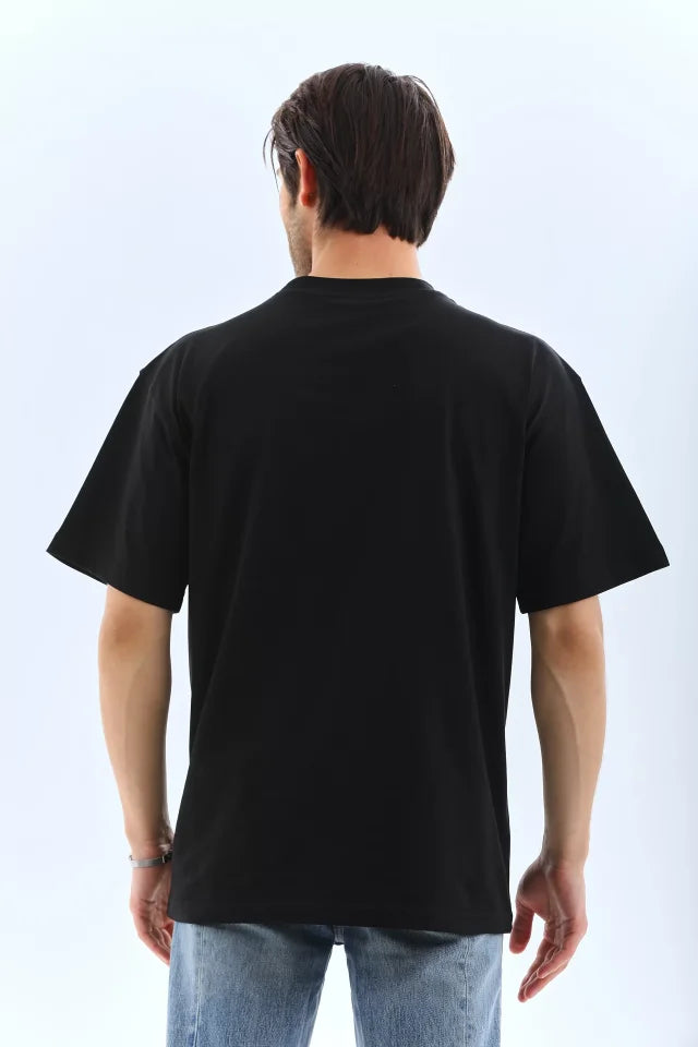 Unisex Oversize Düz Bisiklet Yaka T-Shirt - Siyah (95717)