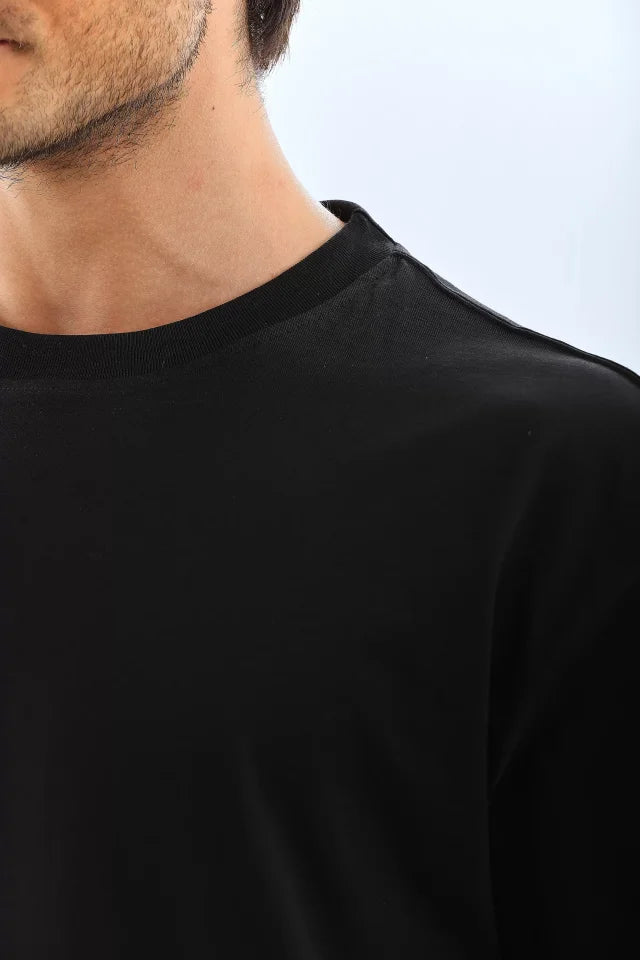 Unisex Oversize Düz Bisiklet Yaka T-Shirt - Siyah (95717)