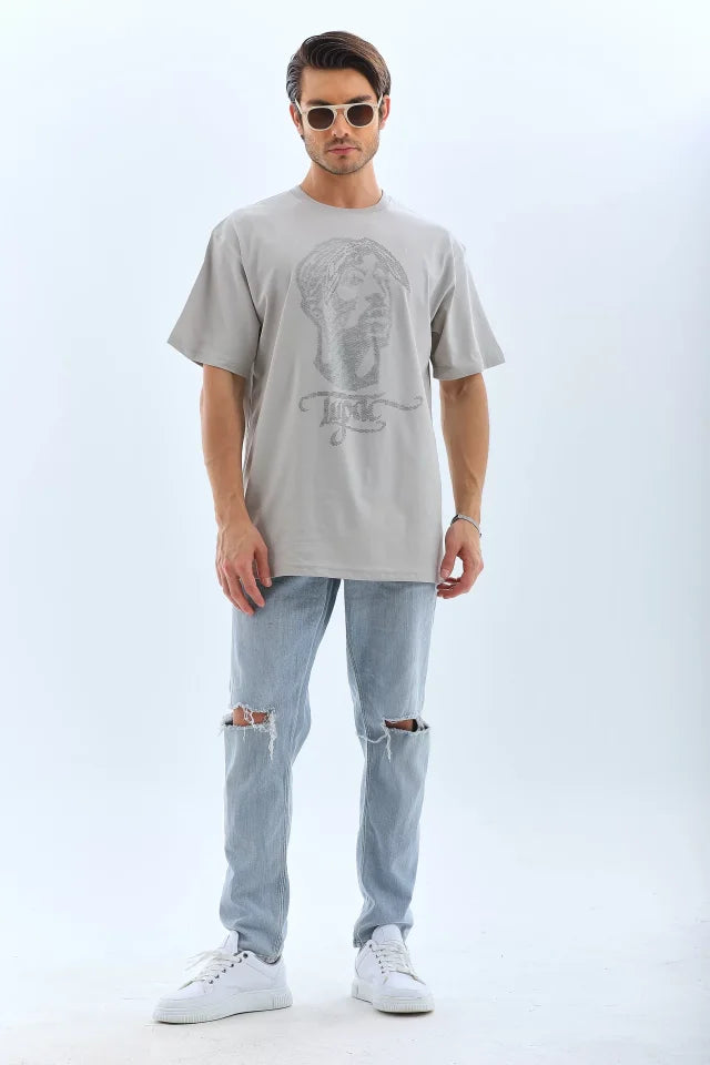 Unisex Oversize Taşlı Bisiklet Yaka T-Shirt - Gri (95725)