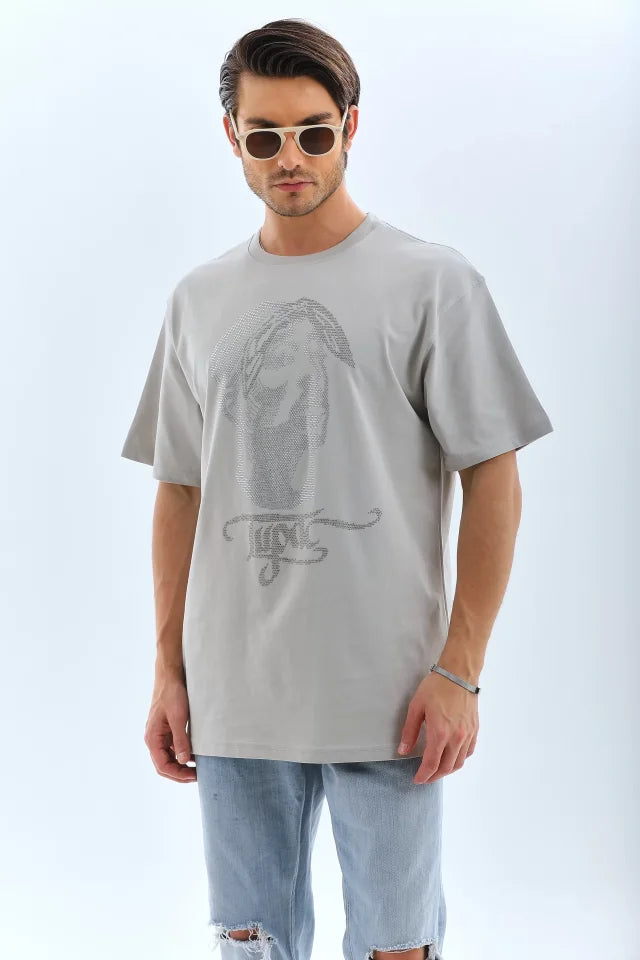Unisex Oversize Taşlı Bisiklet Yaka T-Shirt - Gri (95725)
