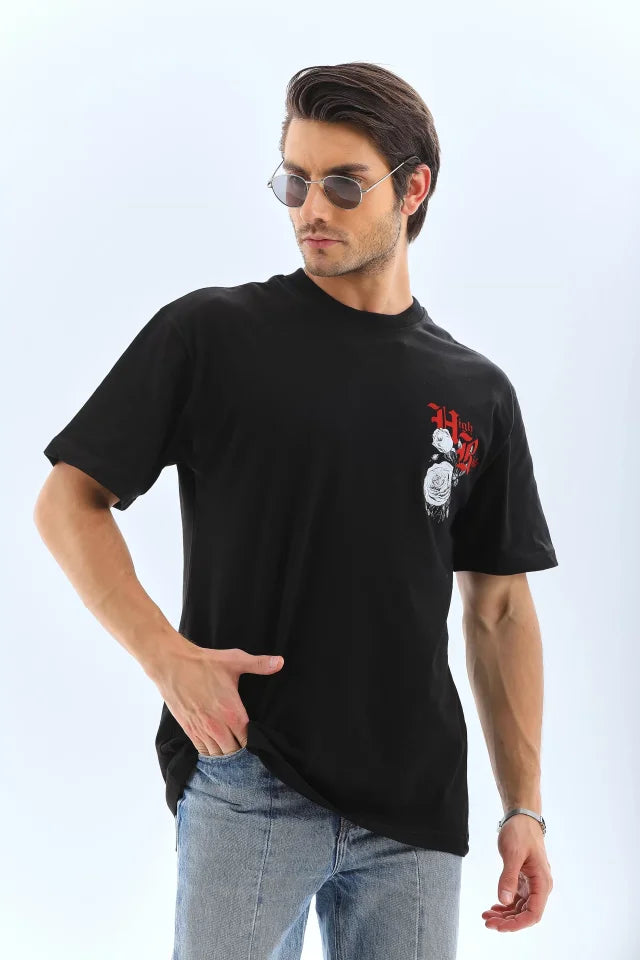 Unisex Oversize Baskılı Bisiklet Yaka T-Shirt - Siyah (95732)