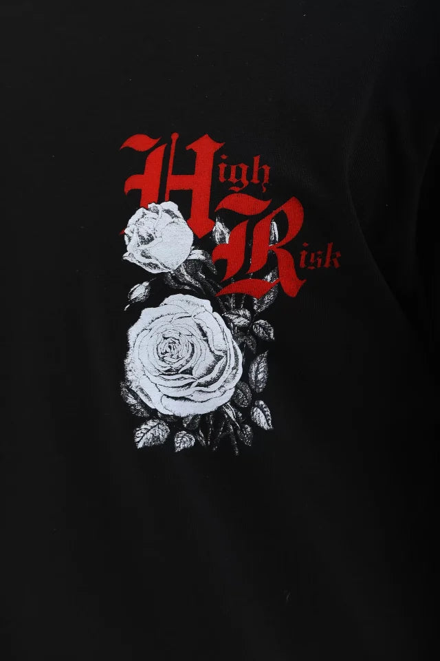 Unisex Oversize Baskılı Bisiklet Yaka T-Shirt - Siyah (95732)