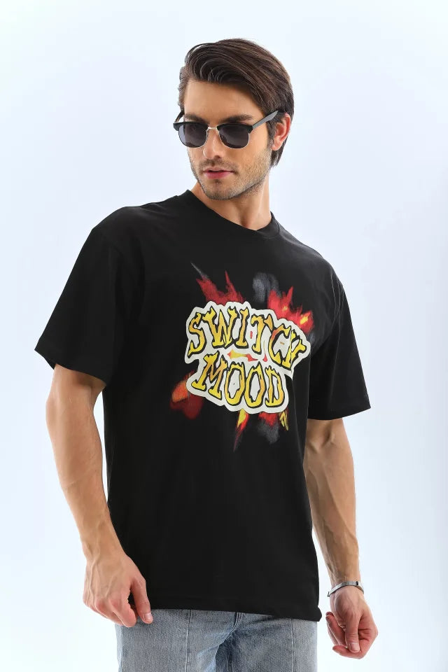 Unisex Oversize Baskılı Bisiklet Yaka T-Shirt - Siyah (95733)
