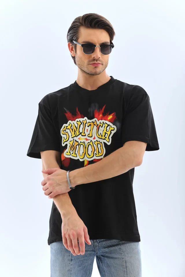 Unisex Oversize Baskılı Bisiklet Yaka T-Shirt - Siyah (95733)