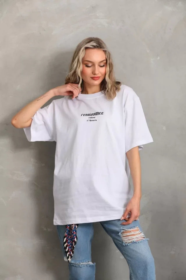 Unisex Baskılı Oversize T-Shirt - Beyaz (96228)