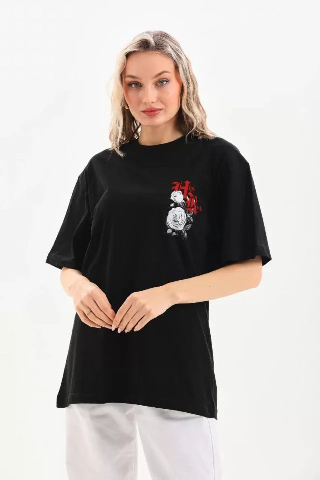 Unisex Baskılı Oversize T-Shirt - Siyah (96244)