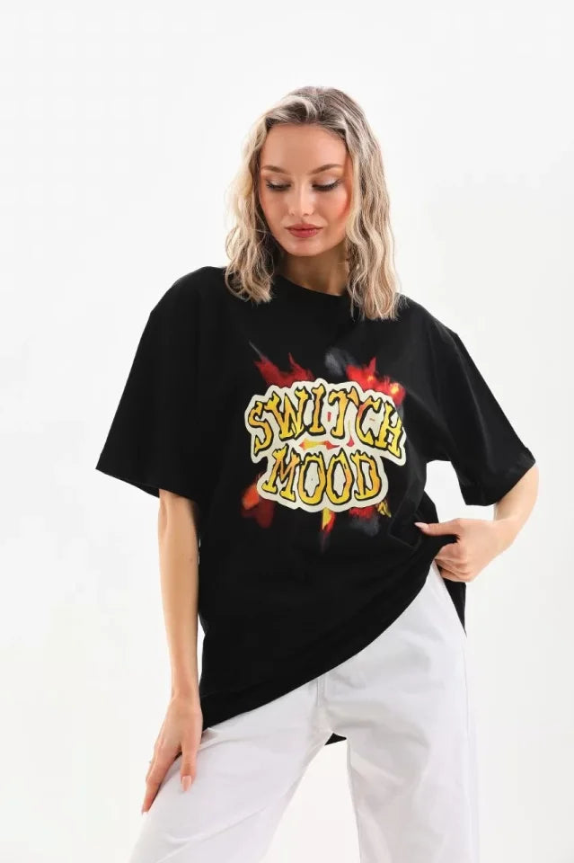 Unisex Baskılı Oversize T-Shirt - Siyah (96245)