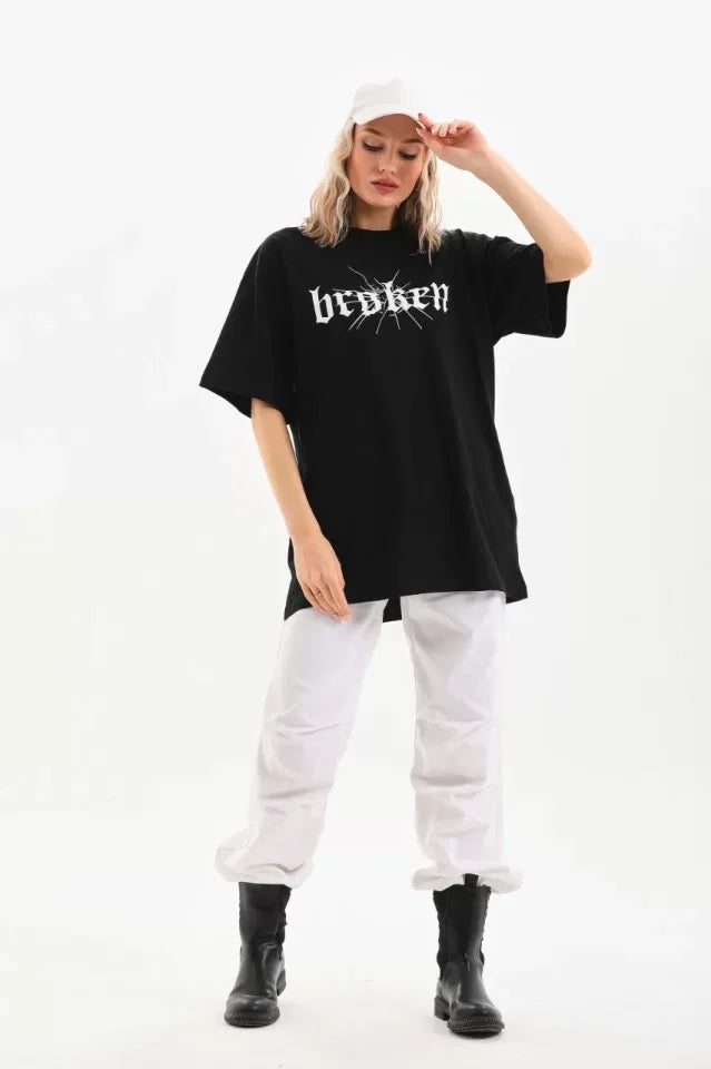 Unisex Baskılı Oversize T-Shirt - Siyah (96247)