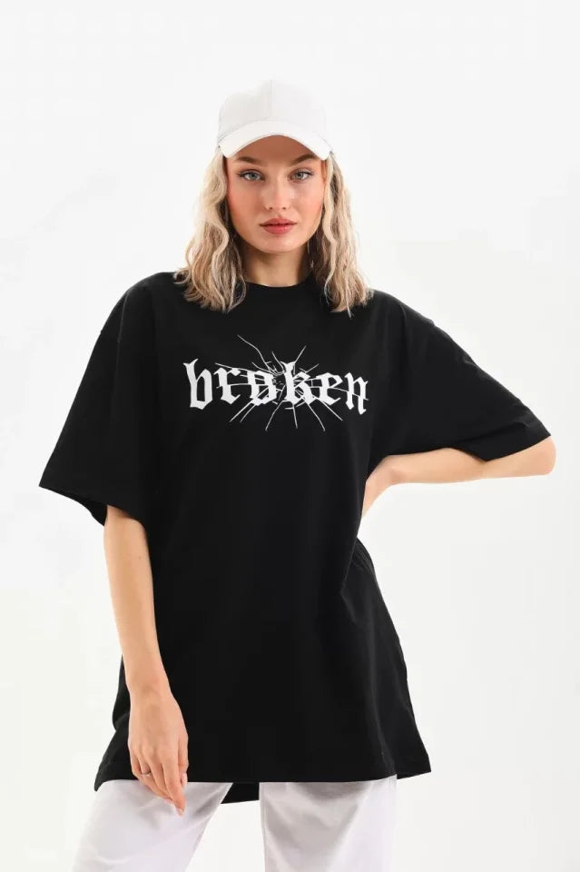 Unisex Baskılı Oversize T-Shirt - Siyah (96247)